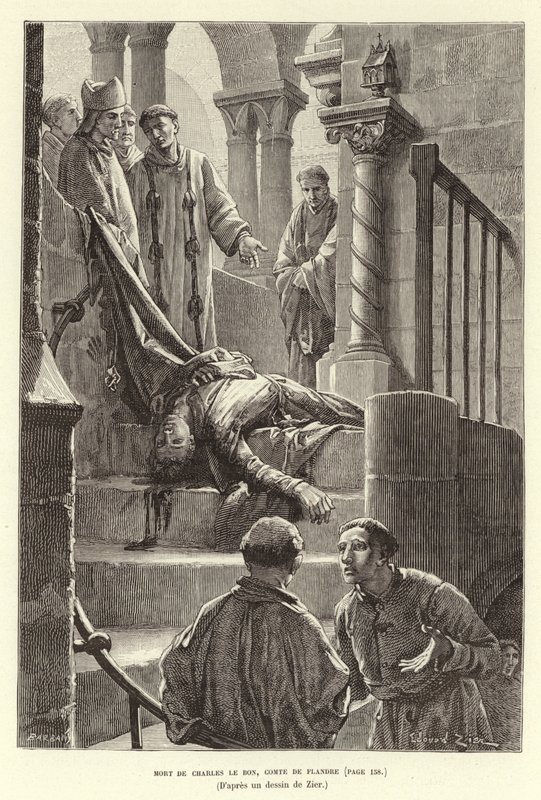 Mort de Charles le Bon, Comte de Flandre. Assassinato de Carlos o Bom, Conde de Flanders, Bruges. de Francois Edouard (after) Zier