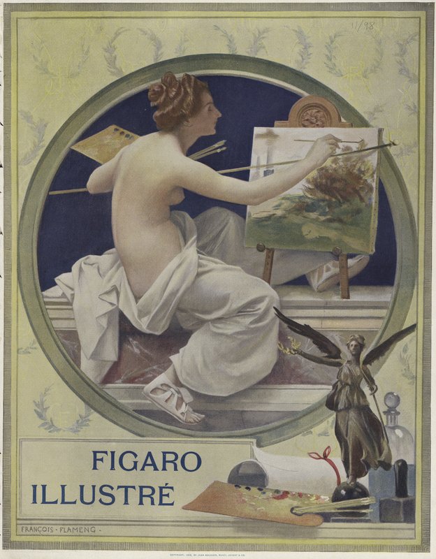 Uma mulher parcialmente nua pintando em um cavalete de Francois Flameng