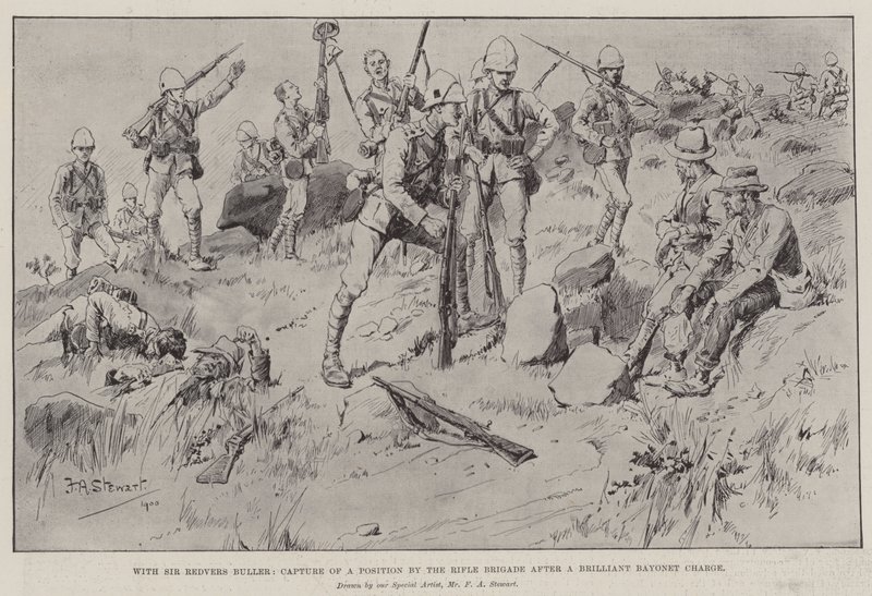 Com Sir Redvers Buller, captura de uma posição pela Brigada de Rifles depois de uma carga de baioneta brilhante de Frank Algenon Stewart