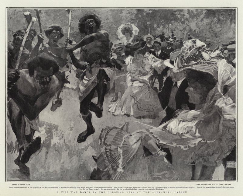 Uma dança da guerra de Fiji no Fete colonial no palácio de Alexandra de Frank Craig