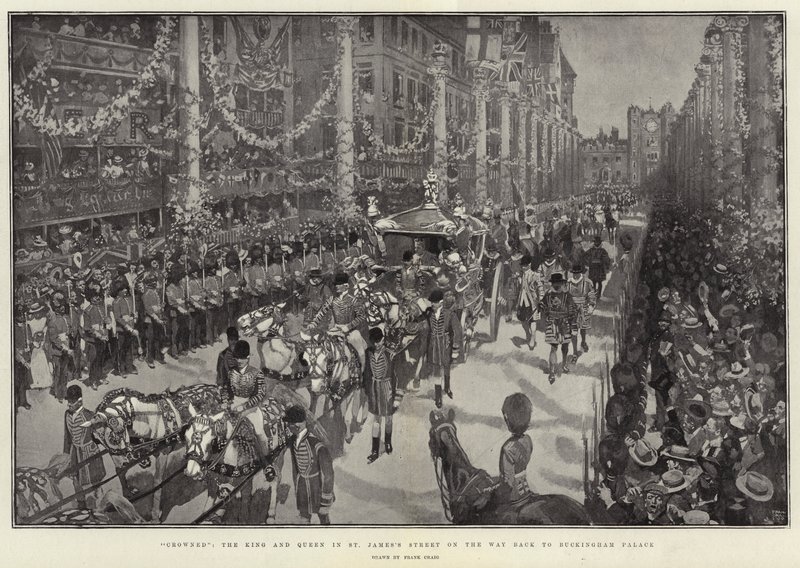 Coroado, o rei e a rainha na rua de St James no caminho de volta ao Palácio de Buckingham de Frank Craig