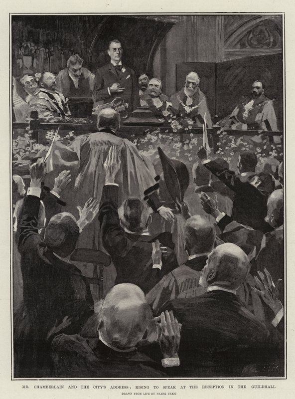 Sr. Chamberlain e o endereço da cidade, levantando-se para falar na recepção no Guildhall de Frank Craig