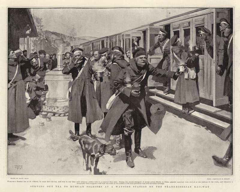 Servindo chá aos soldados russos em uma estação Wayside na estrada de ferro transiberiana de Frank Craig