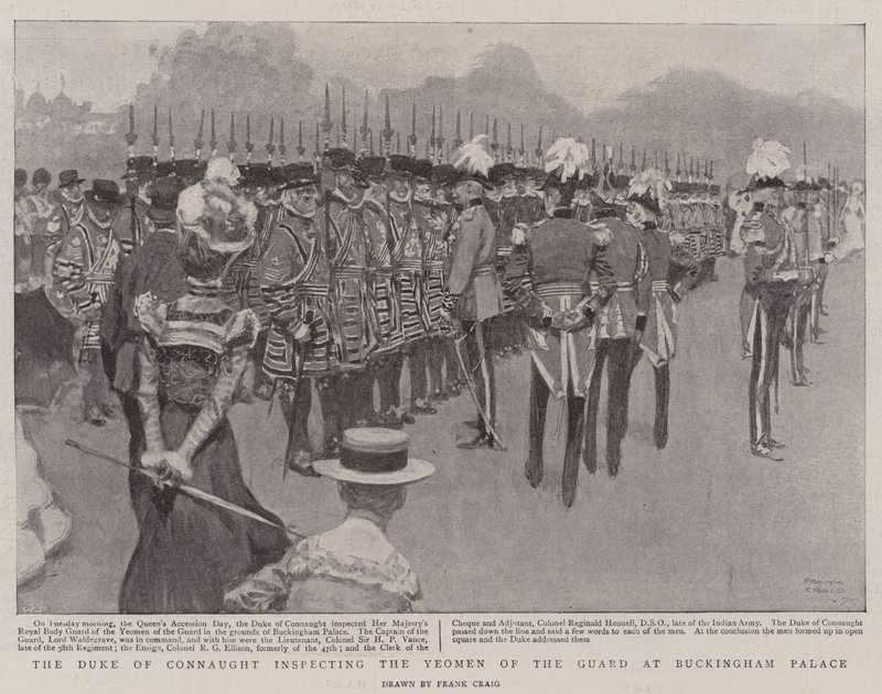 O duque de Connaught inspecionando os Yeomen da guarda no Palácio de Buckingham de Frank Craig