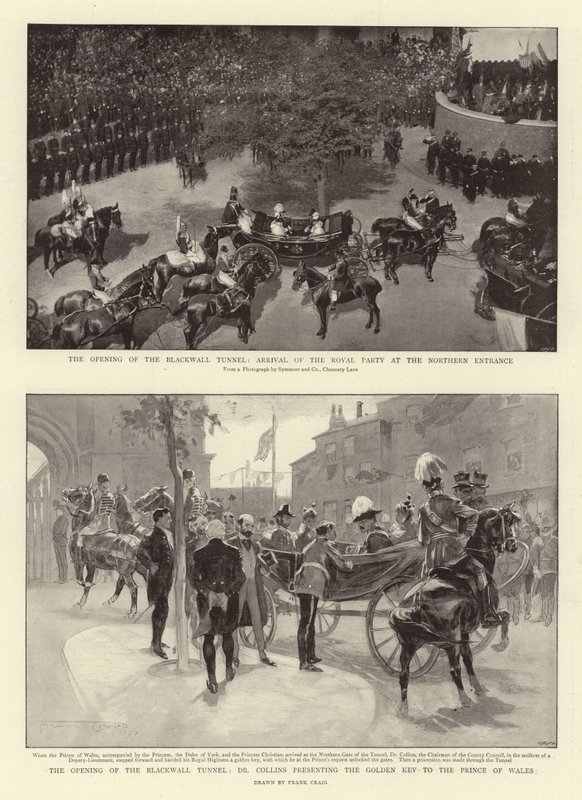 A Abertura do Túnel Blackwall, a chegada da Festa Real na Entrada Norte, A Abertura do Túnel Blackwall, Dr Collins apresentando a Chave de Ouro para o Príncipe de Gales de Frank Craig