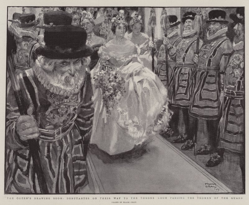 Sala de estar da rainha, Debutantes em seu caminho para a sala do trono passando os Yeomen da guarda de Frank Craig