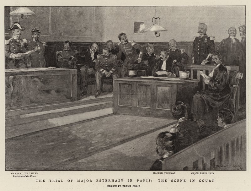 O julgamento do major Esterhazy em Paris, a cena no tribunal de Frank Craig