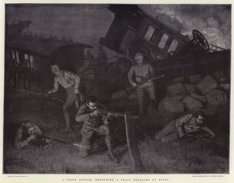Um ataque noturno, defendendo um trem descarrilou por Boers de Frank Dadd