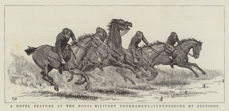 Um novo recurso no Royal Military Tournament, Tent-Pegging por seções de Frank Dadd