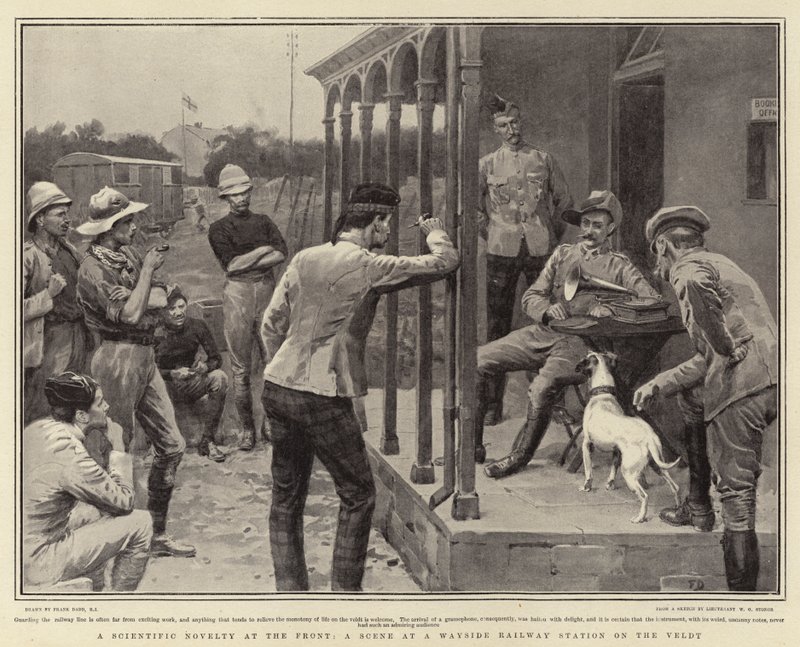 Uma novidade científica na frente, uma cena em uma estação ferroviária Wayside no Veldt de Frank Dadd