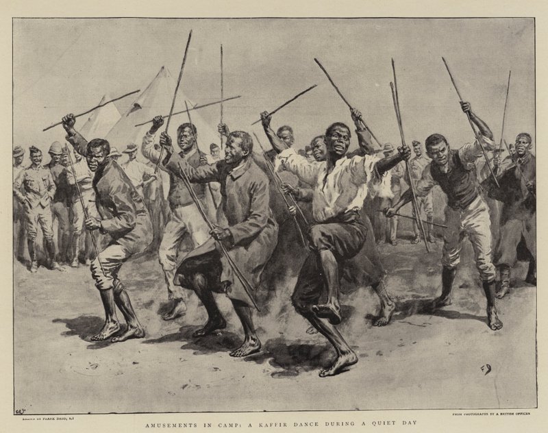 Divertimentos no acampamento, uma dança do Kaffir durante um dia tranquilo de Frank Dadd