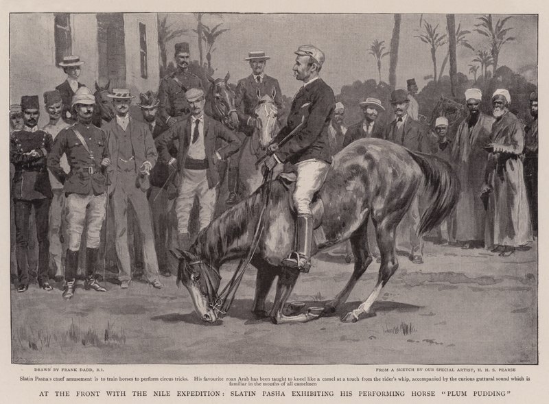 Na frente com a expedição do Nilo, Slatin Pasha exibindo seu pudim de cavalo de execução de ameixa de Frank Dadd