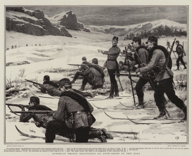 Tropas austríacas praticando em sapatos de neve nos Alpes de Frank Dadd