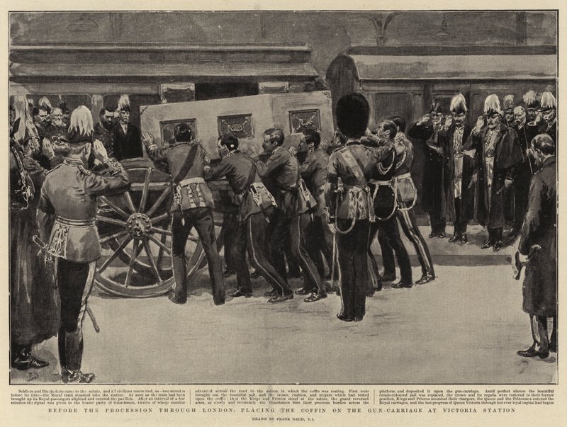 Antes da Processionion em Londres, colocando o caixão na carreta da estação Victoria de Frank Dadd