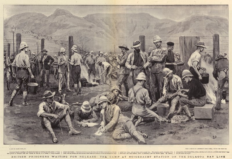 Prisioneiros britânicos à espera de liberação, o acampamento na estação de Noigedacht na linha de Delagoa Bay de Frank Dadd
