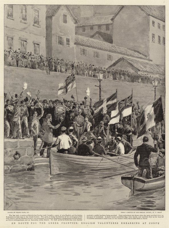 A caminho da fronteira grega, voluntários ingleses embarcam em Corfu de Frank Dadd