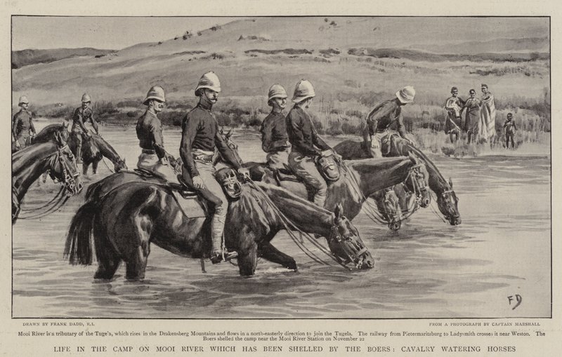 Vida no Acampamento no Rio Mooi que foi bombardeado pelos Boers, Cavalaria regando Cavalos de Frank Dadd