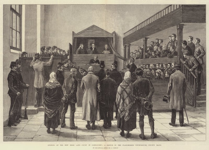 Abertura do Novo Tribunal da Terra Irlandesa em Connaught, um esboço no Tribunal de Claremorris, Condado de Mayo de Frank Dadd