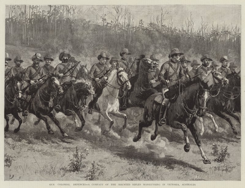 Nossas defesas coloniais, uma companhia dos rifles montados que manobram em Victoria, Austrália de Frank Dadd
