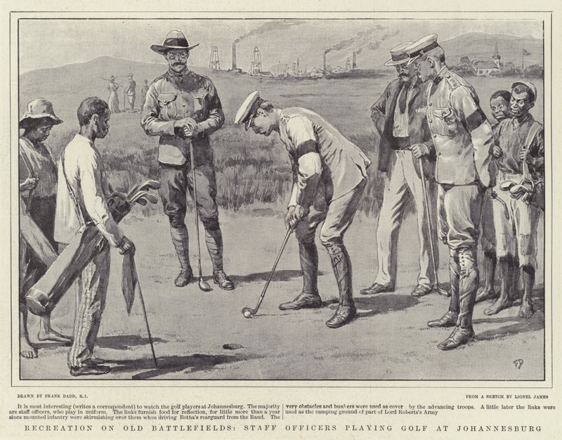 Recreação em campos de batalha antigos, oficiais da equipe jogando golfe em Joanesburgo de Frank Dadd