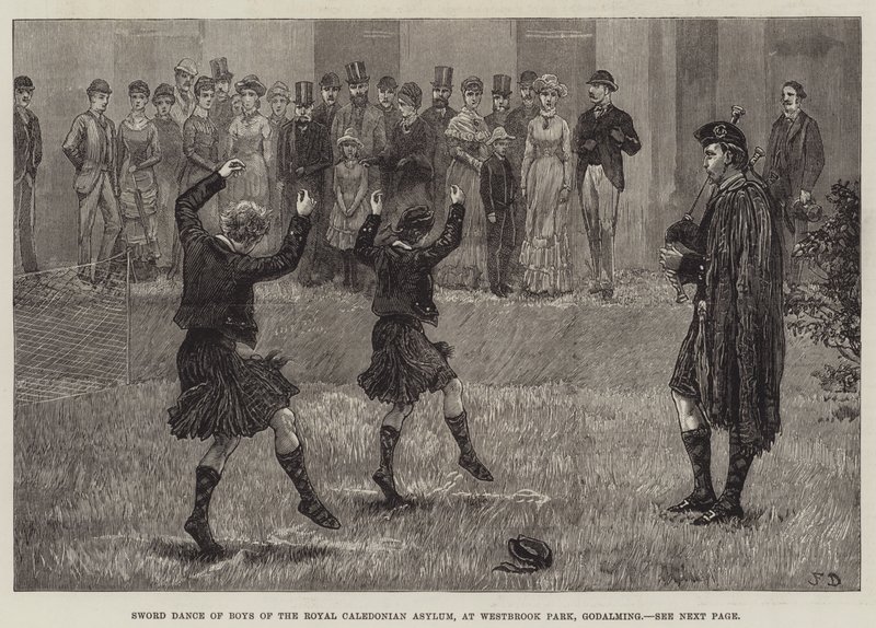 Dança de Espada de Meninos do Royal Caledonian Asylum, em Westbrook Park, Godalming de Frank Dadd