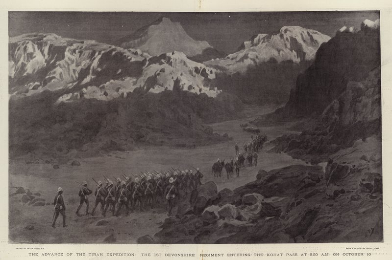 O Avanço da Expedição Tirah, o 1º Regimento de Devonshire, que entra no Passo Kohat às 3h30 de 10 de outubro de Frank Dadd