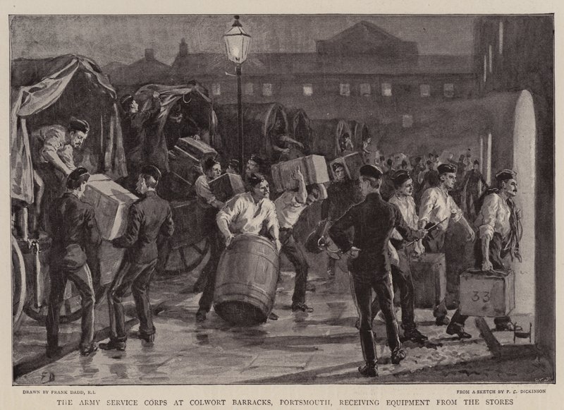 O Corpo de Serviço do Exército em Colwort Barracks, Portsmouth, recebendo equipamentos das lojas de Frank Dadd