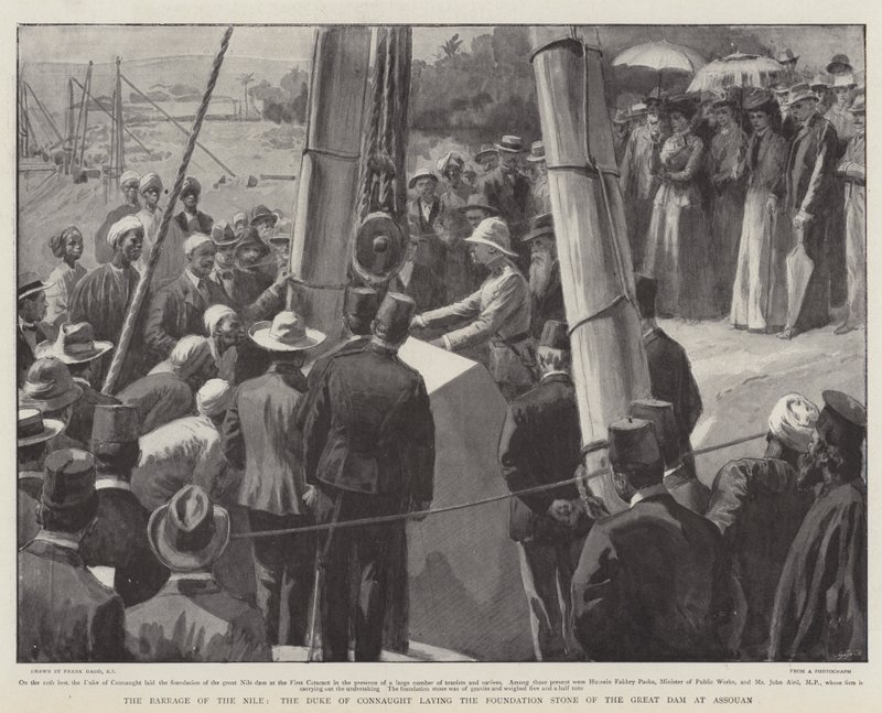 A Barragem do Nilo, o Duque de Connaught, que estabelece a Pedra Fundamental da Grande Barragem em Assouan de Frank Dadd