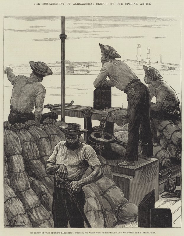 O Bombardeio de Alexandria, em frente às baterias do Inimigo, esperando para trabalhar a Nordenfeldt Gun a bordo do HMS Alexandra de Frank Dadd