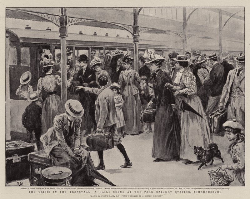 A crise no Transvaal, uma cena diária na estação ferroviária do parque, Joanesburgo de Frank Dadd