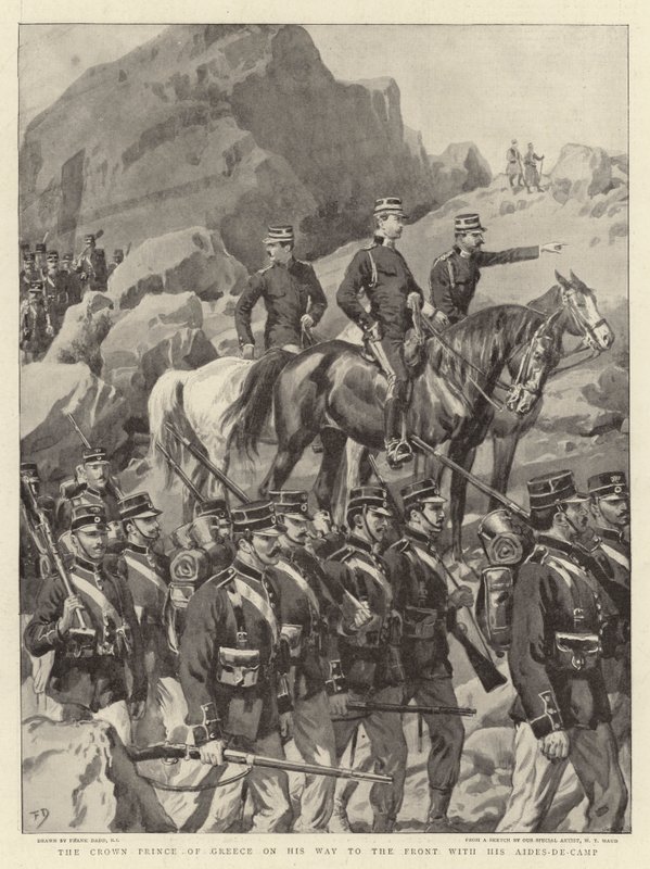 O príncipe herdeiro da Grécia a caminho da frente com seus ajudantes de campo de Frank Dadd