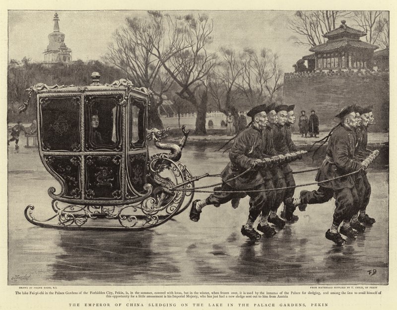 O imperador da China trenó no lago nos jardins do palácio, Pekin de Frank Dadd