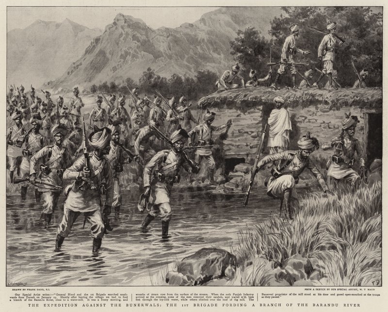 A Expedição contra os Bunerwals, a 1ª Brigada a ocupar uma ramificação do rio Barandu de Frank Dadd