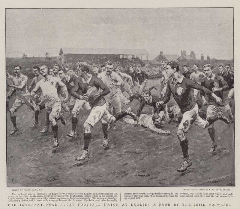 O jogo internacional de rugby em Dublin, uma corrida dos irlandeses de Frank Dadd