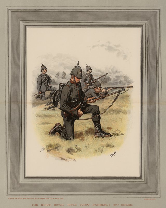 Corpo de Fuzileiros Reais do Rei, antigamente 60os Rifles (cromolitho) de Frank Dadd