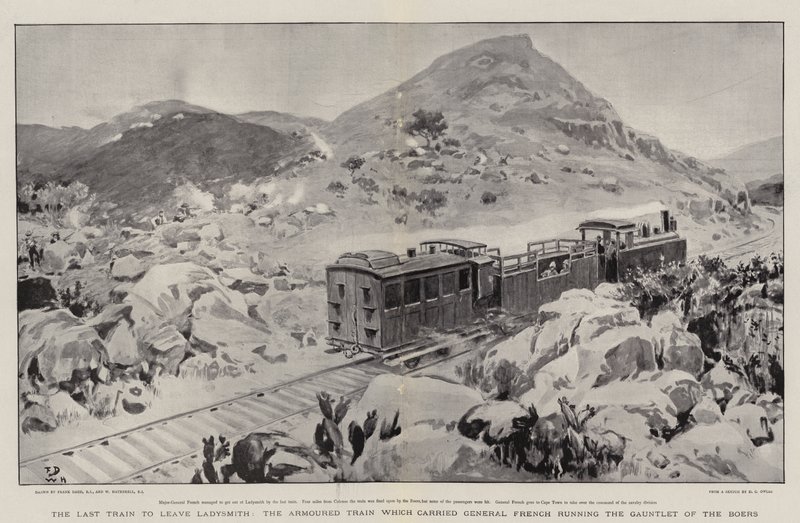 O Último Trem para deixar Ladysmith, o Trem Blindado que transportava o General Francês correndo a Manopla dos Boers de Frank Dadd