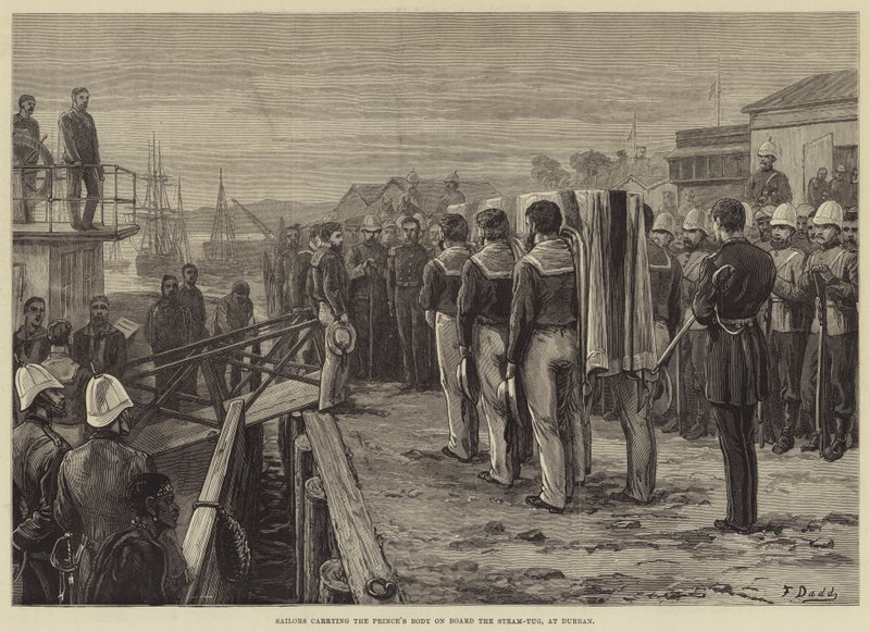 O Príncipe Superior Imperial, Marinheiros carregando o Corpo do Príncipe a bordo do Rebocador a Vapor, em Durban de Frank Dadd