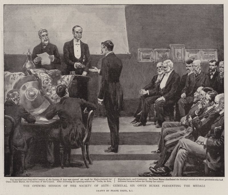 A Sessão de Abertura da Sociedade de Artes, General Sir Owen Burne apresentando as medalhas de Frank Dadd