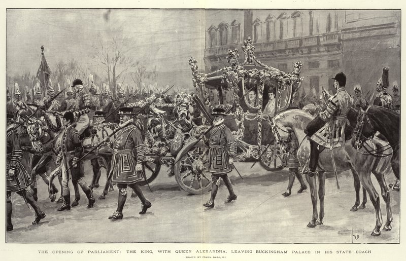 A abertura do Parlamento, o rei, com a rainha Alexandra, deixando o Palácio de Buckingham em seu estado treinador de Frank Dadd