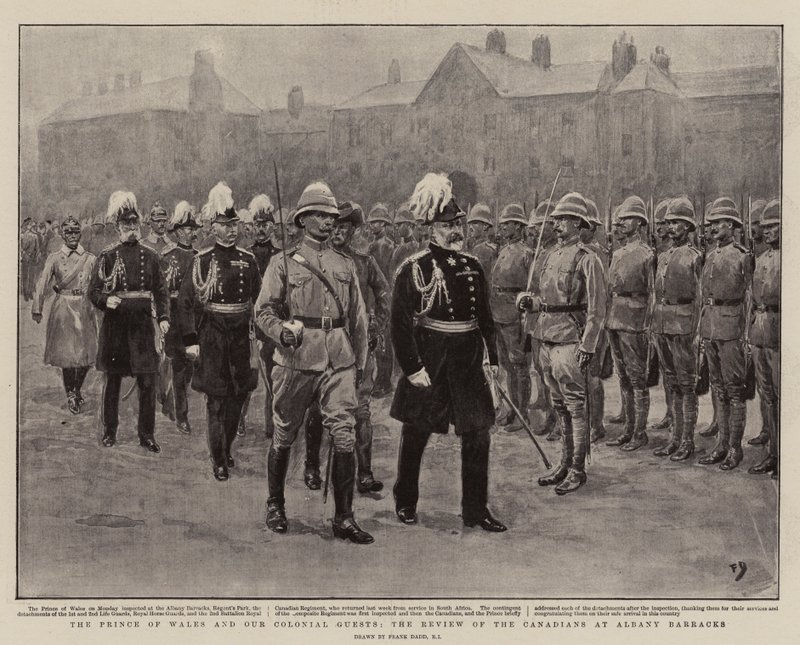 O Príncipe de Gales e os nossos hóspedes coloniais, a revisão dos canadenses em Albany Barracks de Frank Dadd