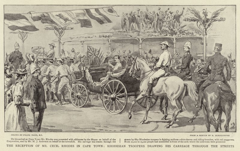 A recepção de Cecil Rhodes na Cidade do Cabo, tropas rodesianas atraindo seu carro pelas ruas de Frank Dadd
