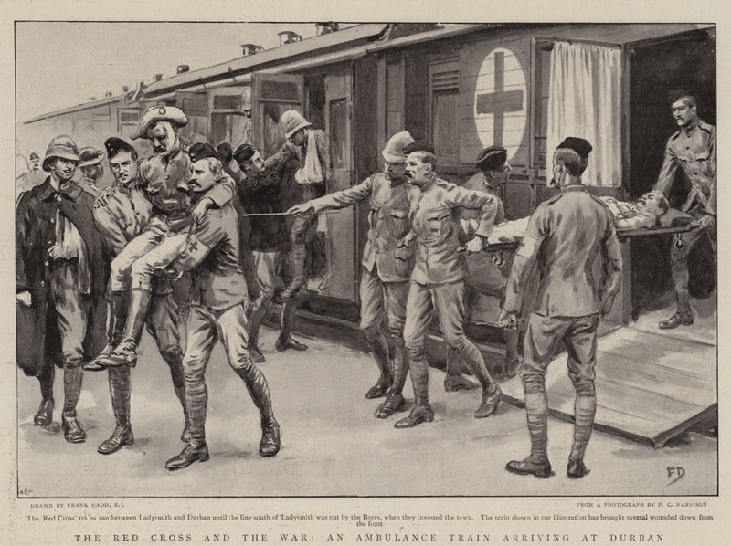 A, cruz vermelha, e, a, guerra, um, trem ambulância, chegando, em, durban de Frank Dadd