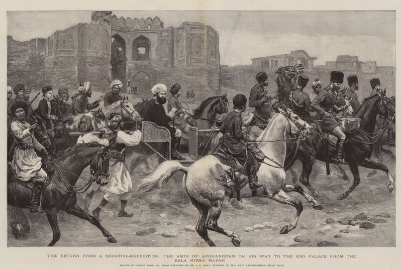 O retorno de uma expedição de tiro, o emir do Afeganistão em seu caminho para o Palácio Erg do Bala Hirsa Marsh de Frank Dadd