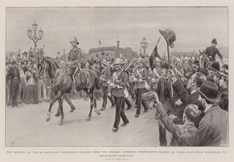 O retorno dos guardas de granadeiros do 1º Batalhão do Sudão, atravessando a ponte de Westminster a caminho de Waterloo para Wellington Barracks de Frank Dadd