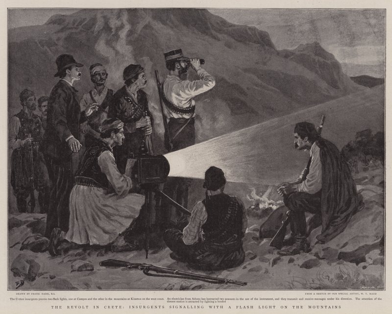 A revolta em Creta, insurgentes sinalizando com uma luz de flash na montanha de Frank Dadd