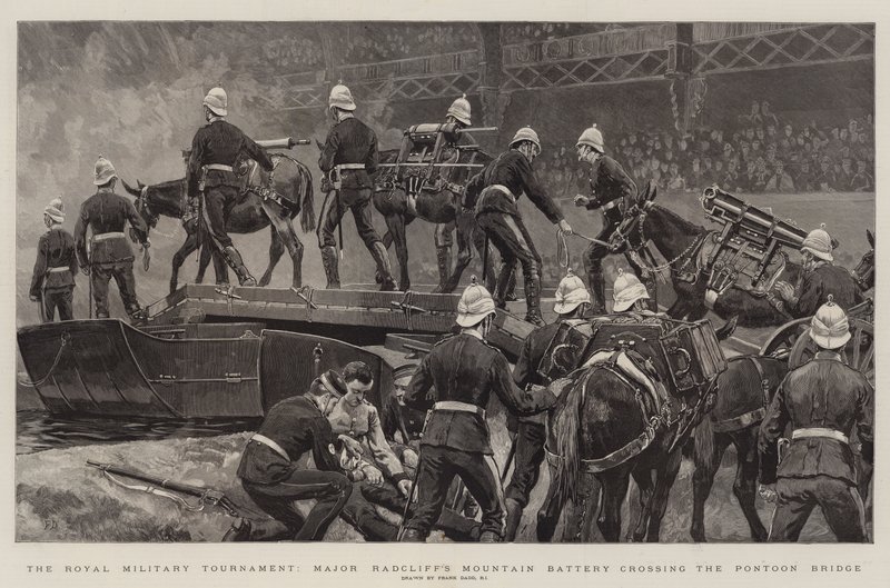 O Torneio Militar Real, a Bateria da Montanha do Major Radcliff cruzando a Ponte do Pontão de Frank Dadd