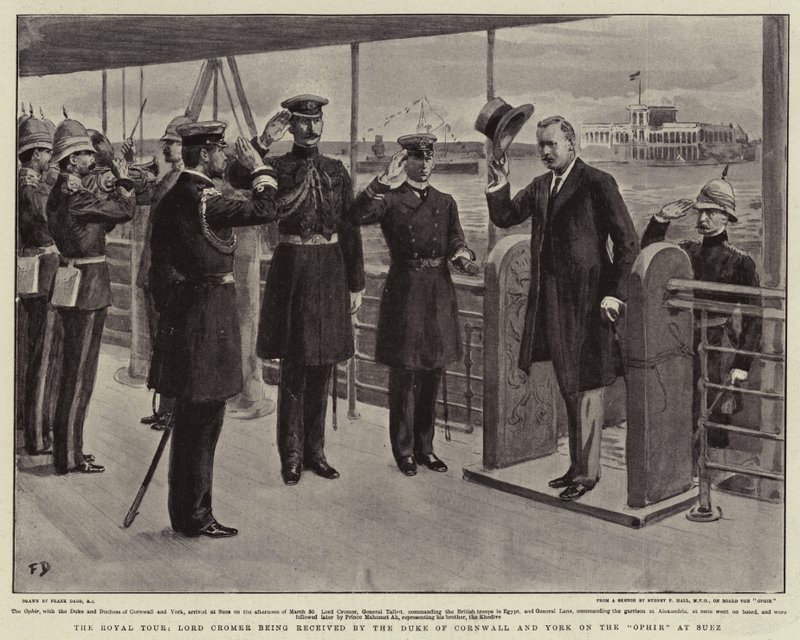 The Royal Tour, Lord Cromer sendo recebido pelo Duque da Cornualha e York no Ophir em Suez de Frank Dadd