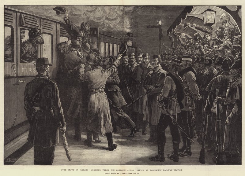 O Estado da Irlanda, preso sob o Ato da Coerção, um Esboço na Estação Ferroviária de Roscommon de Frank Dadd
