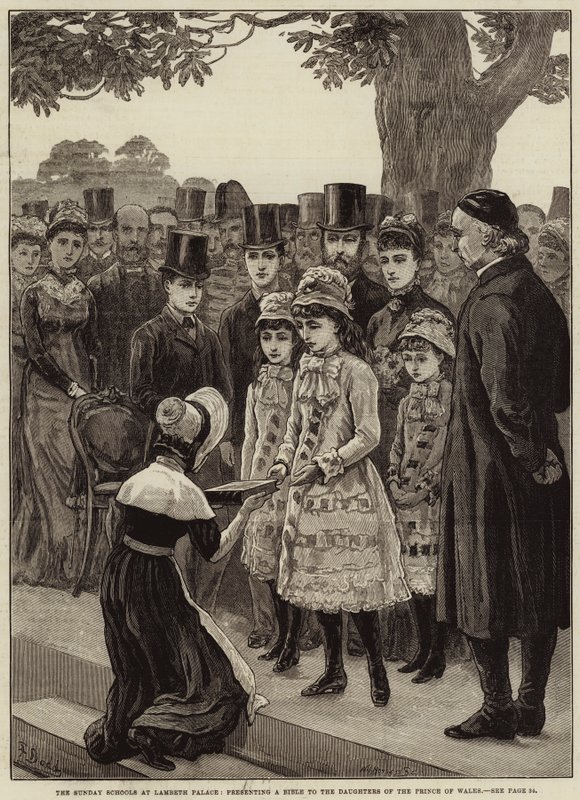 As Escolas Dominicais no Palácio de Lambeth, apresentando uma Bíblia às Filhas do Príncipe de Gales de Frank Dadd