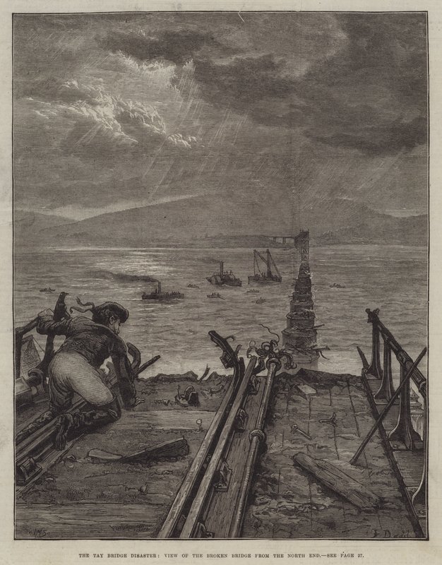 O desastre da ponte de Tay, vista da ponte quebrada do North End de Frank Dadd